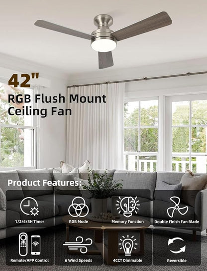 42 inch RGB Ceiling Fan with Light, Smart App & Remote Control Low Profile Flush Mount, Music Sync Lighting, 6-Speed Quiet Reversible DC Motor, 4CCT Dimmable for Home Office Party