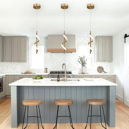 CANEOE Gold Pendant Light, Spiral Modern Led Pendant Lighting for Kitchen Island, 5500K Brushed Brass Ceiling Hanging Light Fixture for Dining Room Bedroom Sink Table Small Pendant Lights