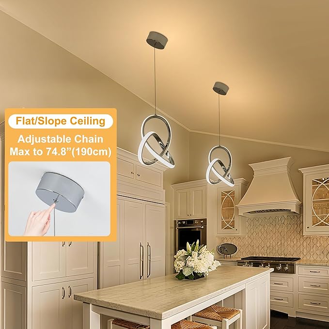 MAYNA Modern Kitchen Island Lights, 4000K LED Pendant Light Fixture, 18W Adjustable Height Modern Led Chandelier for Sink Bedroom Kitchen Island Cafe, 3 Pack (Chrome)