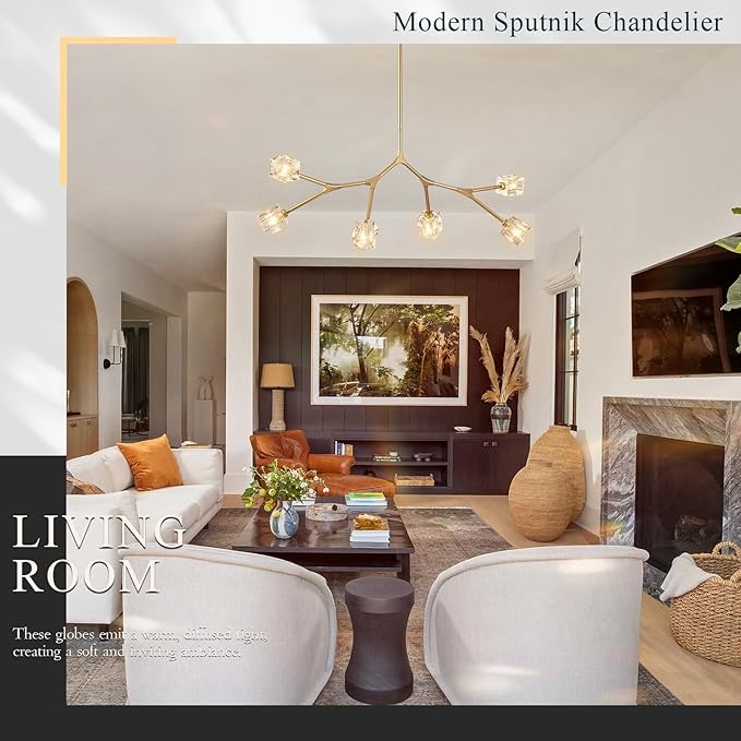6 Lights Gold Crystal Chandelier for Dining Room L43’’ Modern Luxury Sputnik Chandelier Over Table Adjustable Flush Mount Pendant Light Fixture for Living Room Kitchen Island Bedroom