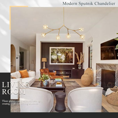 6 Lights Gold Crystal Chandelier for Dining Room L43’’ Modern Luxury Sputnik Chandelier Over Table Adjustable Flush Mount Pendant Light Fixture for Living Room Kitchen Island Bedroom