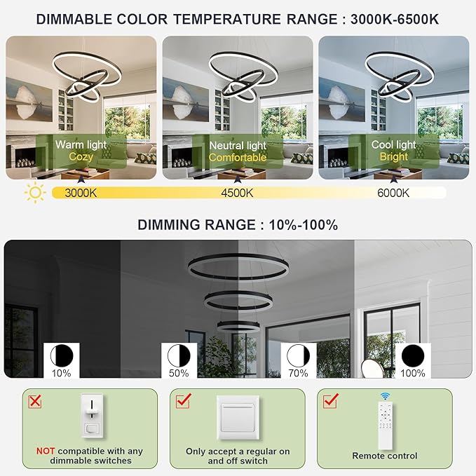 Benkut 3-Rings Modern LED Chandelier Black Dimmable Pendant Lighting with Remote Control Circular Flush Mount High Ceiling Light for Dining Room Living Room Entrance Foyer, 3000K-6500K D23.6in