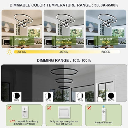 Benkut 3-Rings Modern LED Chandelier Black Dimmable Pendant Lighting with Remote Control Circular Flush Mount High Ceiling Light for Dining Room Living Room Entrance Foyer, 3000K-6500K D23.6in