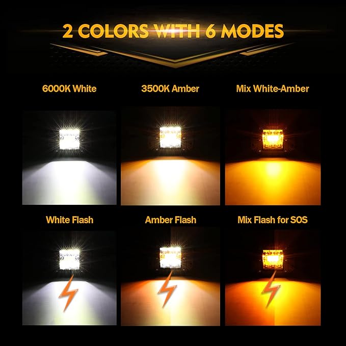 Auxbeam 3 Inch 72W LED Cube Light Bar Amber/White Work LED Pod Lights Off-Road Driving Lights for Truck SUV Boat 4x4 Jeep Wrangler (Six Modes Lighting)