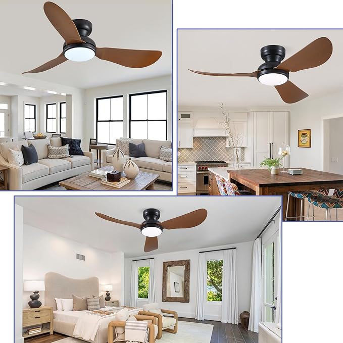 Kviflon 46 Inch Modern Ceiling Fans with Lights, Flush Mount Ceiling Fan, Remote/APP Control, 3 Reversible Curved Blades, 6 Speeds, 3 CCT Dimmable LED Lights for Living Room Bedroom, Brown