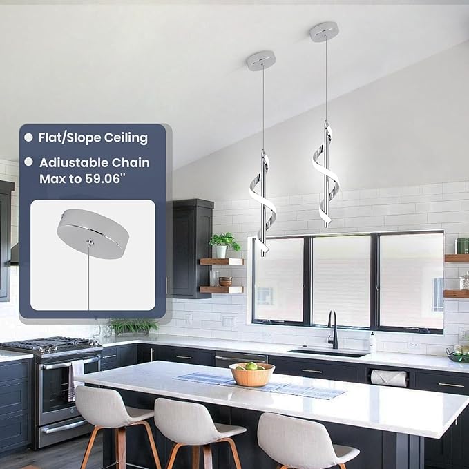 CANEOE 3 Packs Modern Spiral Led Pendant Light Fixture, Cold White 5500K Kitchen Island Pendant Lamp, Adjustable Hanging Light Fixture for Bedroom Living Room Kitchen Sink (Chrome)