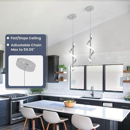 CANEOE 3 Packs Modern Spiral Led Pendant Light Fixture, Cold White 5500K Kitchen Island Pendant Lamp, Adjustable Hanging Light Fixture for Bedroom Living Room Kitchen Sink (Chrome)
