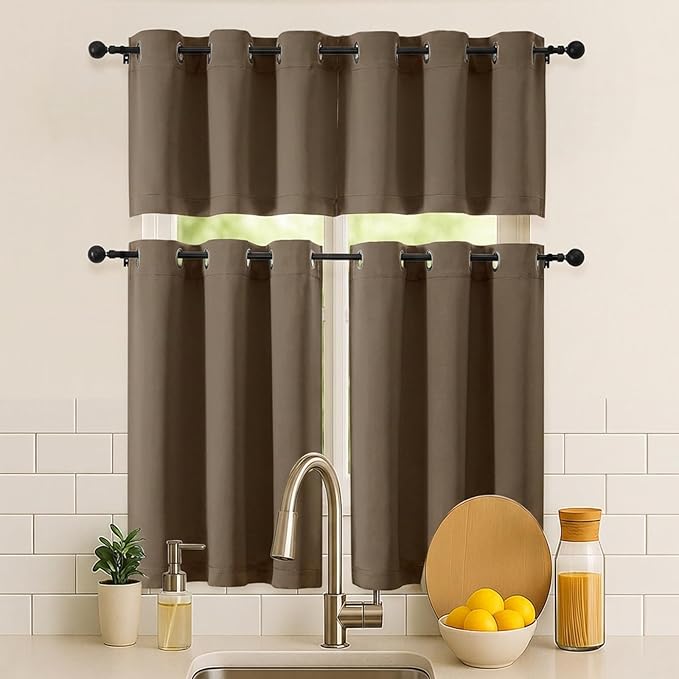Simplebrand Brown Kitchen Valances for Windows 18 Inches Long 2 Pack, Room Darkening Window Valances for Living Room, Grommet Short Straight Drape Kitchen Curtains for Bedroom Kids Room, 40Wx18L
