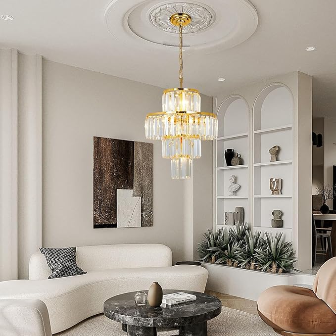 Gold Crystal Chandelier, 7-Light 4 Tiers 13.77" Crystal Light, Adjustable Hanging Metal Ceiling Lighting Fixture, Modern Foyer Dining Room Chandeliers for Bedroom,Hallway,Kitchen