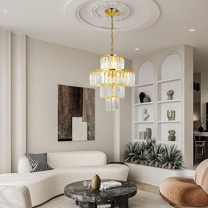 Gold Crystal Chandelier, 7-Light 4 Tiers 13.77" Crystal Light, Adjustable Hanging Metal Ceiling Lighting Fixture, Modern Foyer Dining Room Chandeliers for Bedroom,Hallway,Kitchen