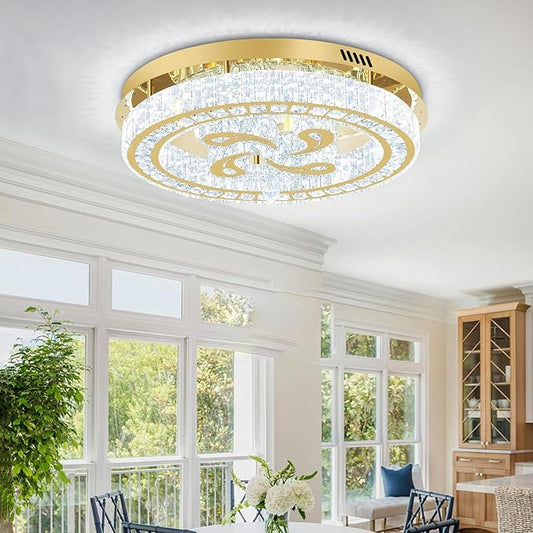 24'' Gold Modern Crystal Chandelier LED Dimmable Flush Mount Crystal Ceiling Light for Living Room Bedroom Dining Room