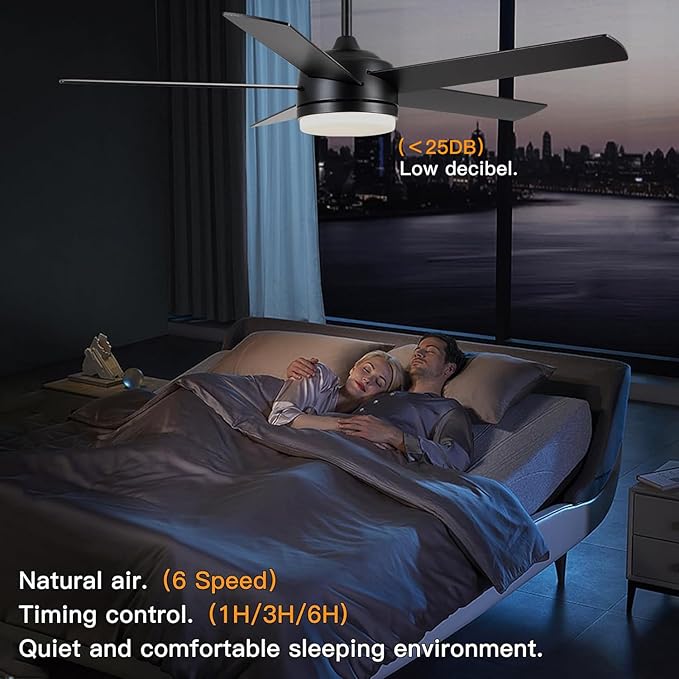 YUHAO 52 Inch Black Ceiling Fan with Light and Remote Control.Noiseless,Dimmable,3CCT,6 Speeds Reversible, DC Ceiling Fans for Indoor or Covered Outdoor Use.ETL Listed