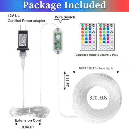 ANJAYLIA 105FT 320 LED Color Changing Rope Lights, 18 Colors Outdoor String Lights with Plug & Remote, Led Rope Lights Outdoor Waterproof, Christmas Lights for Bedroom Deck Halloween Decorations