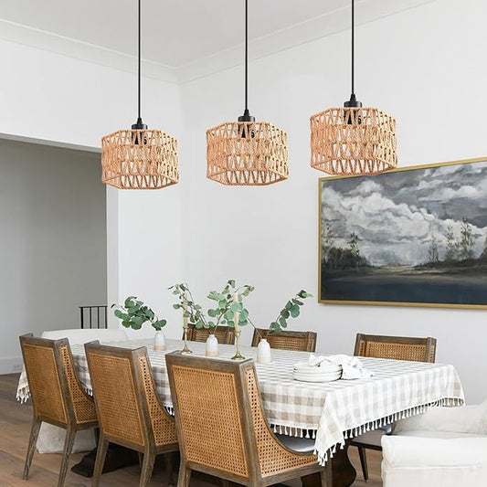 Woven Pendant Light Boho Chandelier, Rattan Pendant Lights Kitchen Island, Farmhouse Pendant Lighting with Hand Woven Wicker Shade, Boho Chandelier Light Fixtures Ceiling Hanging Light