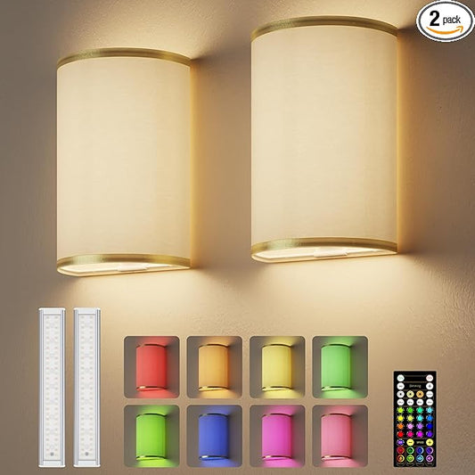 EZVALO Battery Operated Wall Sconce, Wireless Wall Sconces Set of Two with Remote, 3 Color & 80 RGB Rechargeable Wall Lights, Dimmable, Timer, Fabric Linen Shade Wall Decor for Bedroom (White)