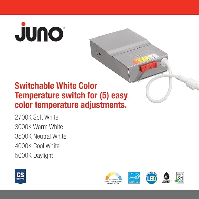 Juno LED Shower Light, Adjustable 4 Inch Wafer Downlight, Switchable Color Temperature 2700K/3000K/3500K/4000K/5000K, 90+ CRI, Matte White, 4-Inch