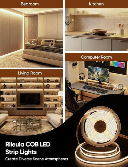 COB LED Strip Lights 4000K Natural White Music Sync Bluetooth LED Lights with DC24V Adapter Remote Smart App Control 16.4ft/5m CRI90+ Touchable LED Rope Lights for Bedroom Kitchen DIY Decor