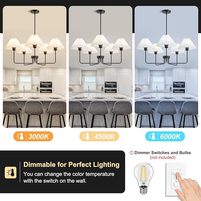 Farmhouse Chandelier, 5-Light Modern Chandelier with White Pleated Fabric Shades, Black Dining Room Light Fixture Chandelier for Dining Room Bedroom Hallway Kitchen Island, Height Adjustable