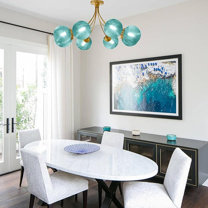 Modern 8-Lights Chandelier Ceiling Pendant Light Dining Room Chandelier Over Table 32.2" Flush Mount Ceiling Lights for Living Room Bedroom Kitchen (Lake Blue)