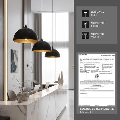 3 Pack Black Pendant Lights Kitchen Island 11.8" Modern Dome Pendant Light Fixtures Farmhouse Hanging Ceiling Light Fixture for Dining Room Foyer Hallway Bar Cafe Sink