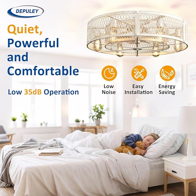 Depuley Flush Mount Ceiling Fan: 26" Caged Ceiling Fans with Lights and Remote Control for Kitchen Bedroom Farmhouse - Rustic Low Profile Ceiling Fandelier Lights Reversible 6 Speed Timer Cement