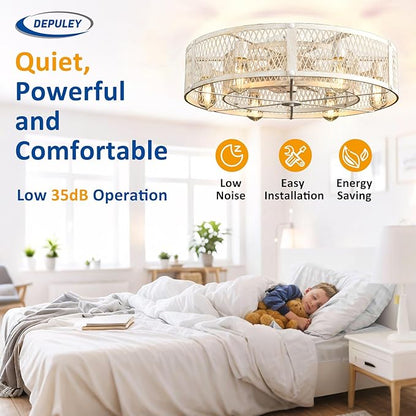 Depuley Flush Mount Ceiling Fan: 26" Caged Ceiling Fans with Lights and Remote Control for Kitchen Bedroom Farmhouse - Rustic Low Profile Ceiling Fandelier Lights Reversible 6 Speed Timer Cement
