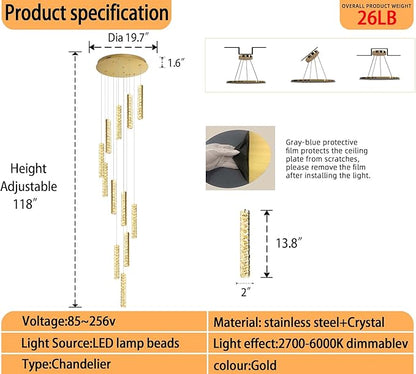Long Spiral Crystal Chandelier Lighting for Foyer 12-Light Gold Staircase Chandelier High Ceiling Slopped LED Dimmable 2700K-6000K