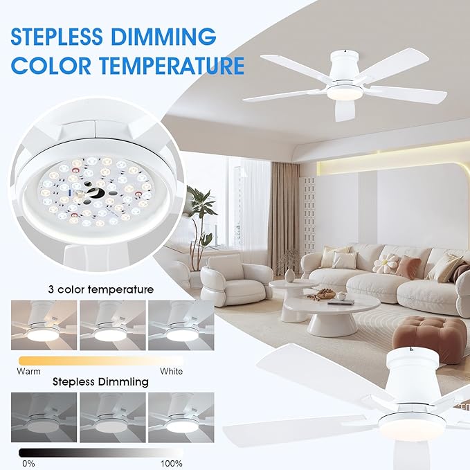 Surtime 52" Ceiling Fans with Lights-Low Profile Ceiling Fan with Light and Remote/APP Control,Flush Mount,White Ceiling Fans for Bedroom,Indoor/Outdoor Patio Use