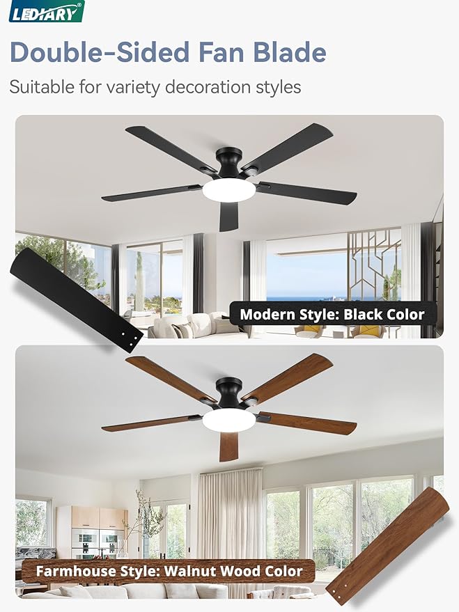 60 Inch Ceiling Fan with Lights and Remote, 30W 12" LED Panel Flush Mount Ceiling Fan, 6-Speed Quiet DC Motor Modern Low Profile Ceiling Fan with Reversible Blades for Living Room, Bedroom, Patio