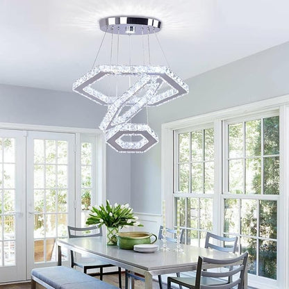 Modern Crystal Chandeliers Big 3 Rings LED Ceiling Light Adjustable Stainless Steel Pendant Light for Bedroom Living Room Dining Room (6500K Cool White)(25cm+35cm+45cm)
