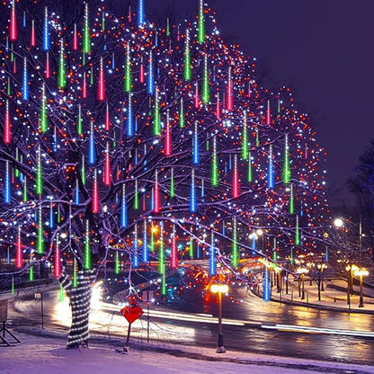 Weepong Meteor Shower Lights UL Certified 192LEDs 8 Tubes Falling Rain Drop Christmas Icicle Cascading Lights for Xmas Tree Halloween Decorations Wedding Party Holiday Garden Decor, Multicolor