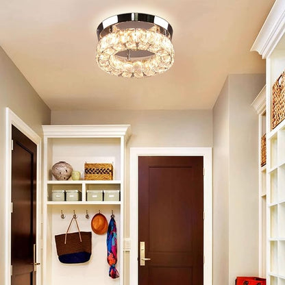 9.8" Modern Mini LED Crystal Chandelier Round Crystal Ceiling Light Flush Mount Light Fixture Small Ceiling Light for Hallway Foyer Kitchen Closet Warm White