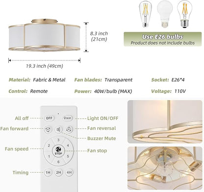 20" Boho Ceiling Fan with Light, Rattan Flush Mount Ceiling Fan with Light Remote Control, Caged Enclosed with 6 Speeds for Bedroom, Living Room, Foyer, Nursery (Gold)