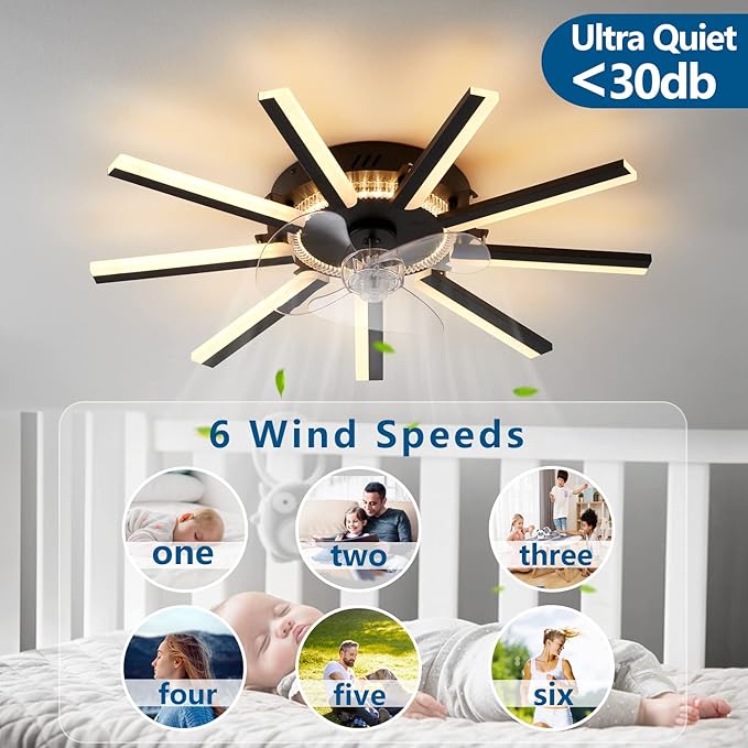 27" Black Straight Strip Ceiling Fan with Lights Remote Control, 3 Colors 6 Speeds Low Profile Ceiling Fan with Light for Kitchen Bedroom
