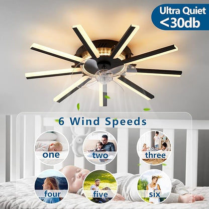 27" Black Straight Strip Ceiling Fan with Lights Remote Control, 3 Colors 6 Speeds Low Profile Ceiling Fan with Light for Kitchen Bedroom