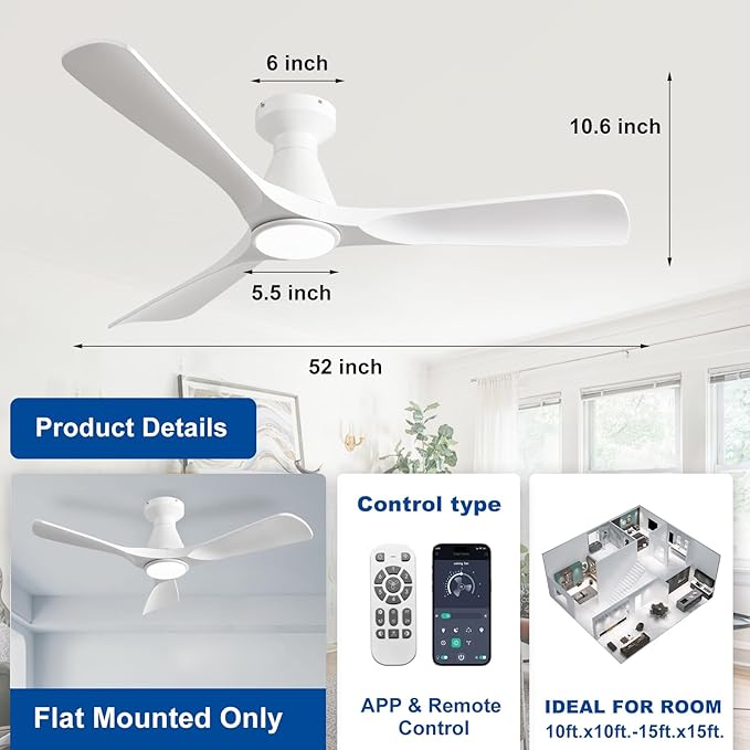 DLLT 52-Inch Ceiling Fans with Lights: Flush Mount Ceiling Fan 3 Blades for Indoor Outdoor - White Ceiling Fan with Remote APP Control Noiseless for Low Profile Bedroom