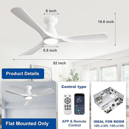 DLLT 52-Inch Ceiling Fans with Lights: Flush Mount Ceiling Fan 3 Blades for Indoor Outdoor - White Ceiling Fan with Remote APP Control Noiseless for Low Profile Bedroom