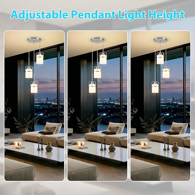 Brushed Nickel 3-Light Pendant Lighting, Adjustable Cluster Hanging Light Fixture with Milk Glass Shade, Modern Pendant Light for Kitchen Island Dining Room Bar