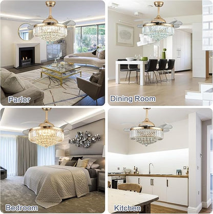 DuMaiWay 42" Dimmable Crystal Ceiling Fan with Light, Fandelier,Chandelier Fan with 4 Retractable Blades LED Remote APP Control for Living Room, Bedroom, Dining Room 6 Speed-Gold