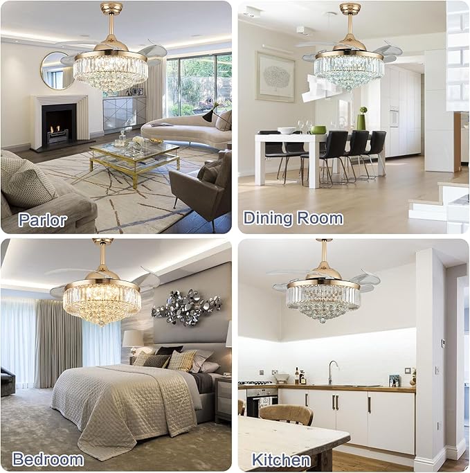 DuMaiWay 48" Dimmable Crystal Ceiling Fan with Light, Fandelier,Chandelier Fan with 4 Retractable Blades LED Remote APP Control for Living Room, Bedroom, Dining Room 6 Speed-Gold