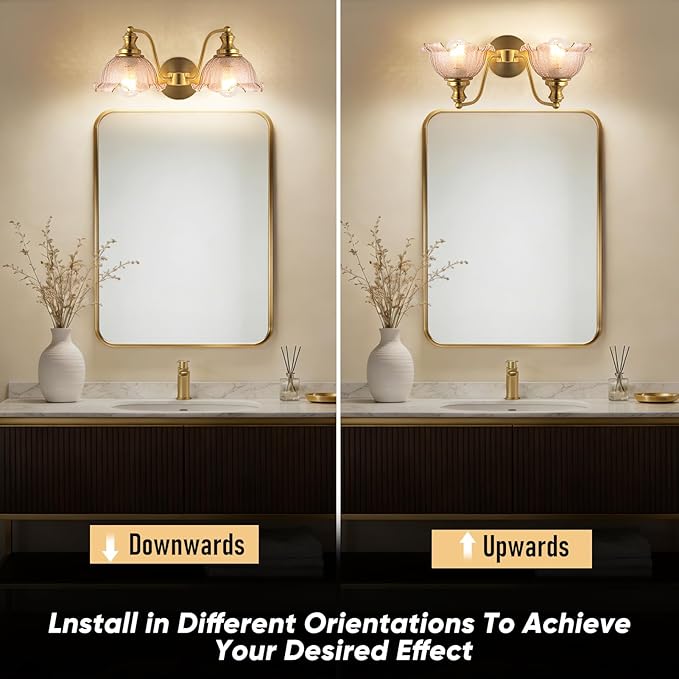 Bathroom Vanity Lights, 2 Light Bathroom Vanity Light with Floral Amber Glass Shades, Gold Vanity Light for Bedside Tables bathrooms vanities E26 (Bulb Not Included)