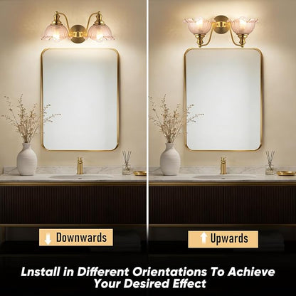 Bathroom Vanity Lights, 2 Light Bathroom Vanity Light with Floral Amber Glass Shades, Gold Vanity Light for Bedside Tables bathrooms vanities E26 (Bulb Not Included)