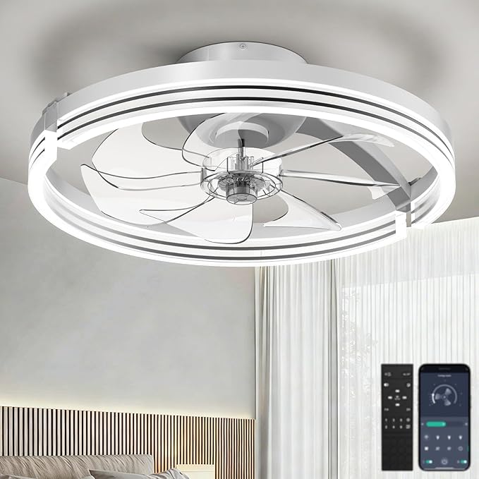 Ceiling Fans with Lights and Remote Low Profile Flush Mount LED Ceiling Fan with Lights 3000K-6500K Dimmable Foldable Fandelier Light 6 Wind Speeds Night Light for Bedroom Living Room White