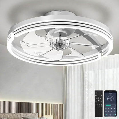 Ceiling Fans with Lights and Remote Low Profile Flush Mount LED Ceiling Fan with Lights 3000K-6500K Dimmable Foldable Fandelier Light 6 Wind Speeds Night Light for Bedroom Living Room White