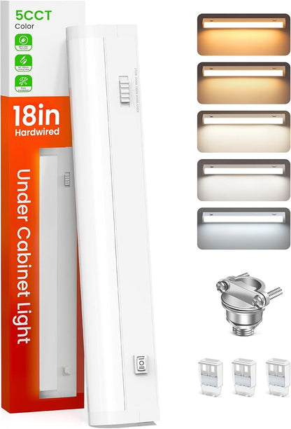 ALUSSO 18 Inch LED Under Cabinet Lighting Hardwired 120V, 5CCT Color Selectable 2700K-5000K Dimmable 10W 800LM High Brightness, CRI 90+ Strip Linkable Under Counter Lights for Kitchen Sink, 1 Pack