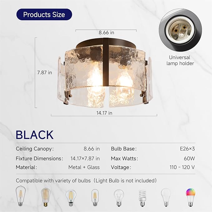 Modern Black Semi Flush Mount Ceiling Light Fixtures, 14" Drum Glass Kitchen Ceiling Light Fixture Mid Century Vintage Lights for Dining Room over Table Hallway Foyer Entryway Bathroom Laundry Bedroom