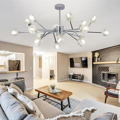 Depuley Modern Chrome Sputnik Chandelier: 18-Light Large Crystal Glass Chandelier for Living Room - Kitchen Island Light Fixture Mid Century Hanging Lamp for Dining Room (Included G9 Bulbs)