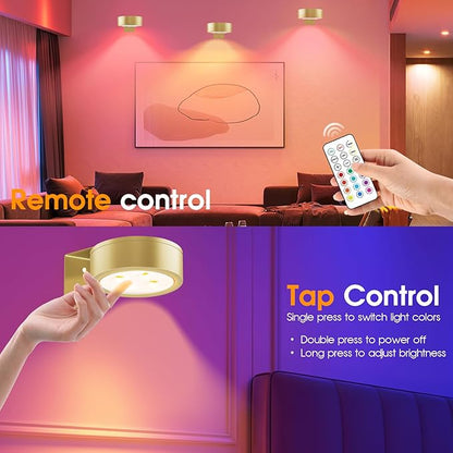 RGB Picture Light Battery Operated Painting Lights for Wall Wireless Magnetic Display Art Light with Remote Controls,Dimmable&Timer for Art Frame Artworking,6Pack Gold