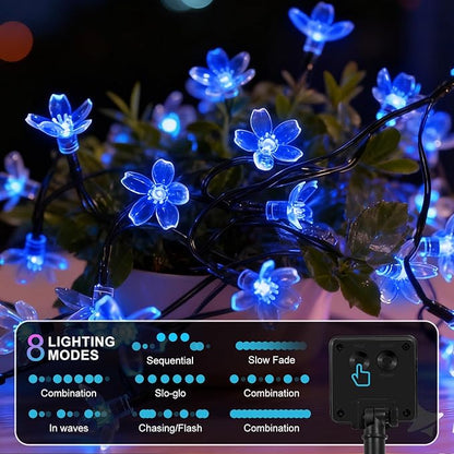 60 LED Solar String Lights Outdoor Waterproof Flower Fairy Lights for Garden Fence Patio Yard Christmas Tree Lawn Wedding Party Decor, Blue