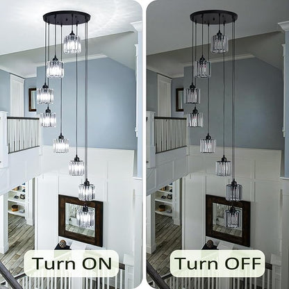 High Ceilings Long Chandeliers Modern Crystal Long Pendant Light,Long Raindrop Hanging Chandeliers,Hanging Flush Mount Chandelier Ceiling Light for Staircase Foyer Entryway 8 Lights